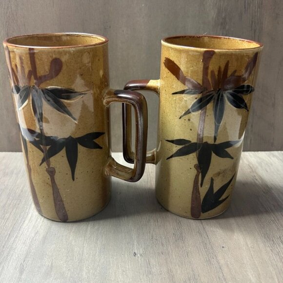 Vintage Hand-Painted Ceramic Bamboo Design Tall Mugs With Handles Set of 2 - Picture 2 of 5